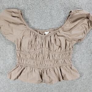 Sim & Sam Cropped Top Womens Large Beige Puff Sleeve Smocked Peplum Peasant